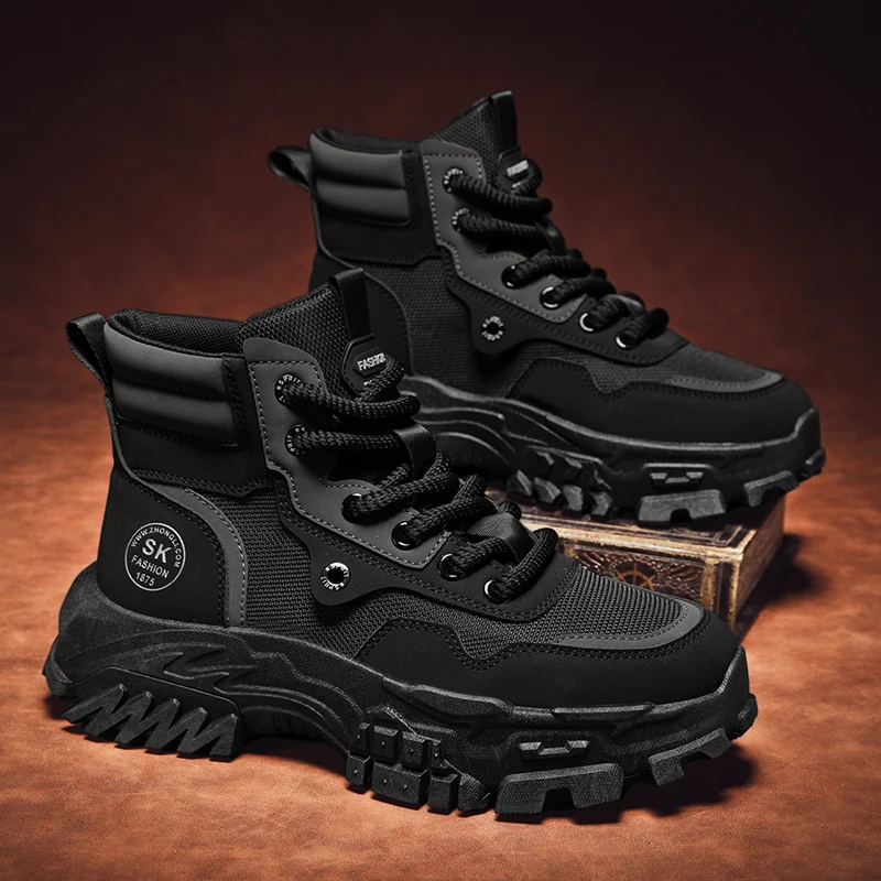 Fashion Male Retro High‑top Work Booties Breathable Stitched Upper Durable Heavy‑duty Thick Rugged Sole