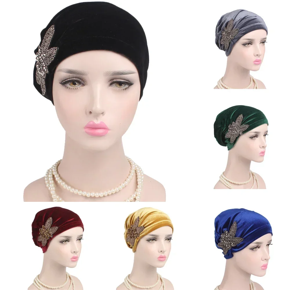 Indian Women Muslim Cap Velvet Hat Beanie Skullies Turban Chemo Cap Beading Flower Headwear Cancer Hat Inner Bonnet Wrap Cover