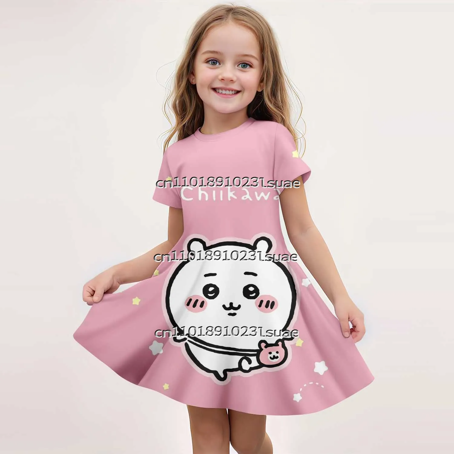 

Chiikawa Children's Girls Short Sleeved Skirt Children's Summer Fashion Trend Skirt Miniso Cartoon Princess Dress Casual Dress