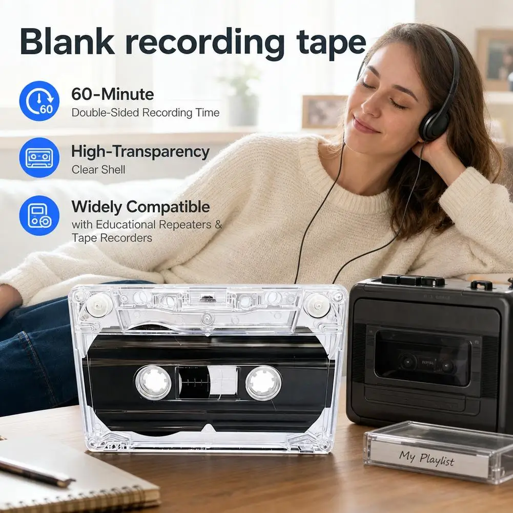 60-Minute Blank Audio Cassette Tape Magnetic Tape For Recording Speech Music With Clear Storage Box