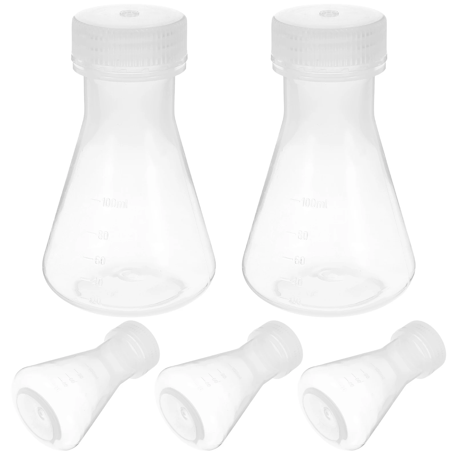 

5Pcs Chemistry Lab Flasks Plastic Conical Erlenmeyer Flat Bottom Stopper Set for Science Experiment Transparent Wide Mouth