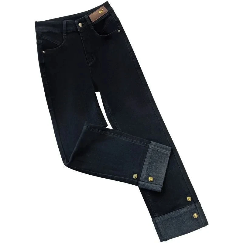 جينز أسود مستقيم الساق للنساء جديد عالي الخصر سروال دينم غير رسمي مرن لخريف وشتاء 2025 سروال سميك دافئ بطول الكاحل #6