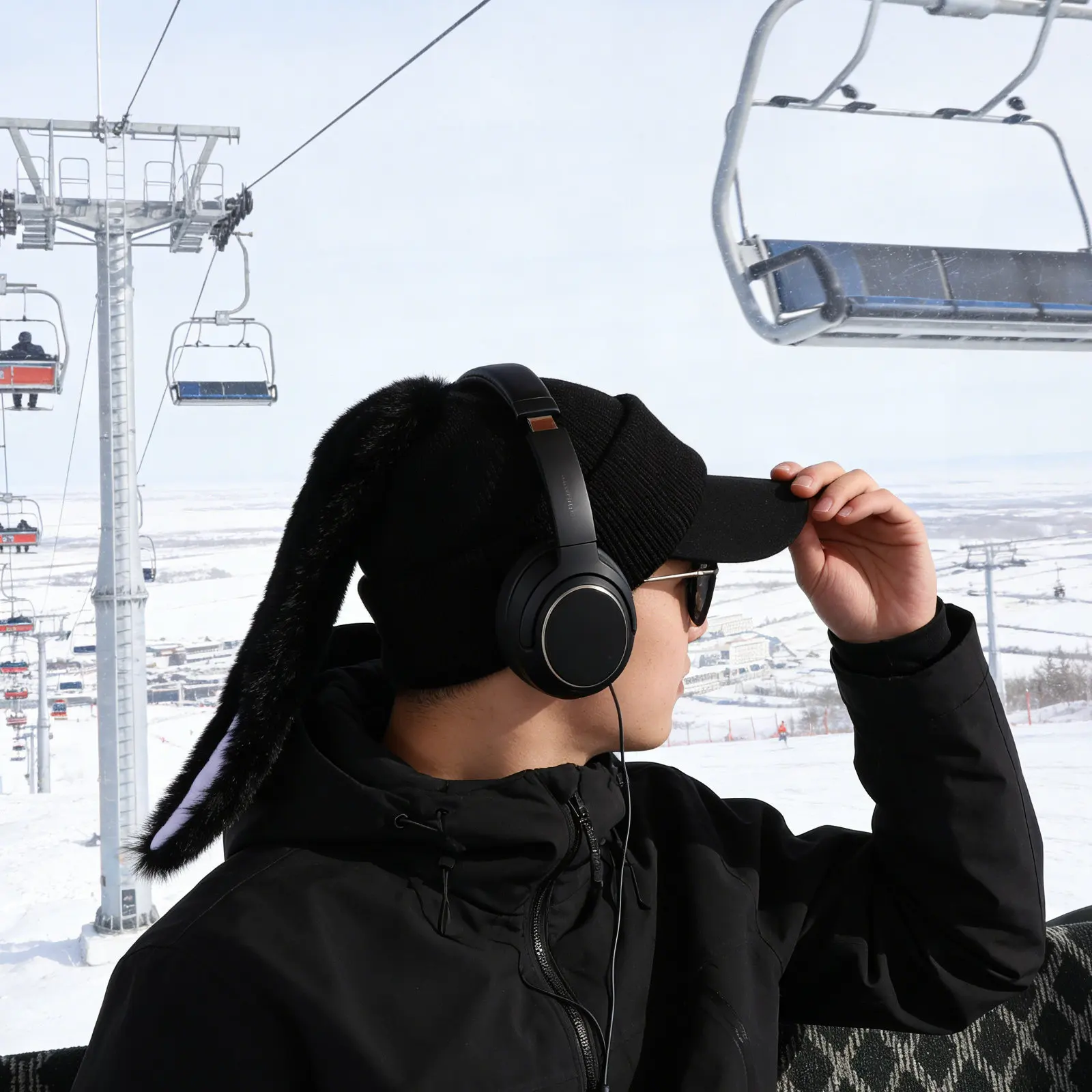 

Adorable Black White Bunny Ski Cover Stretch Fabric Warm Protection for Adults Winter Skiing Supplies Novelty