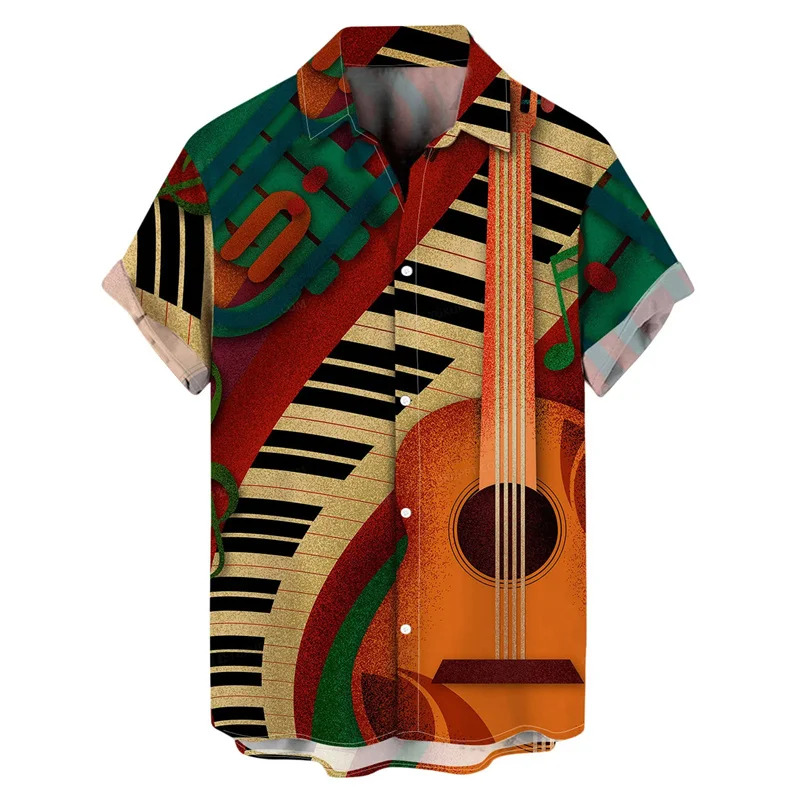 Music Note Pattern Hawaiian Shirt For Men Instrument Guitar 3D Printed Blouse Casual Lapel Tops Loose Aloha Shirts Short Sleeves