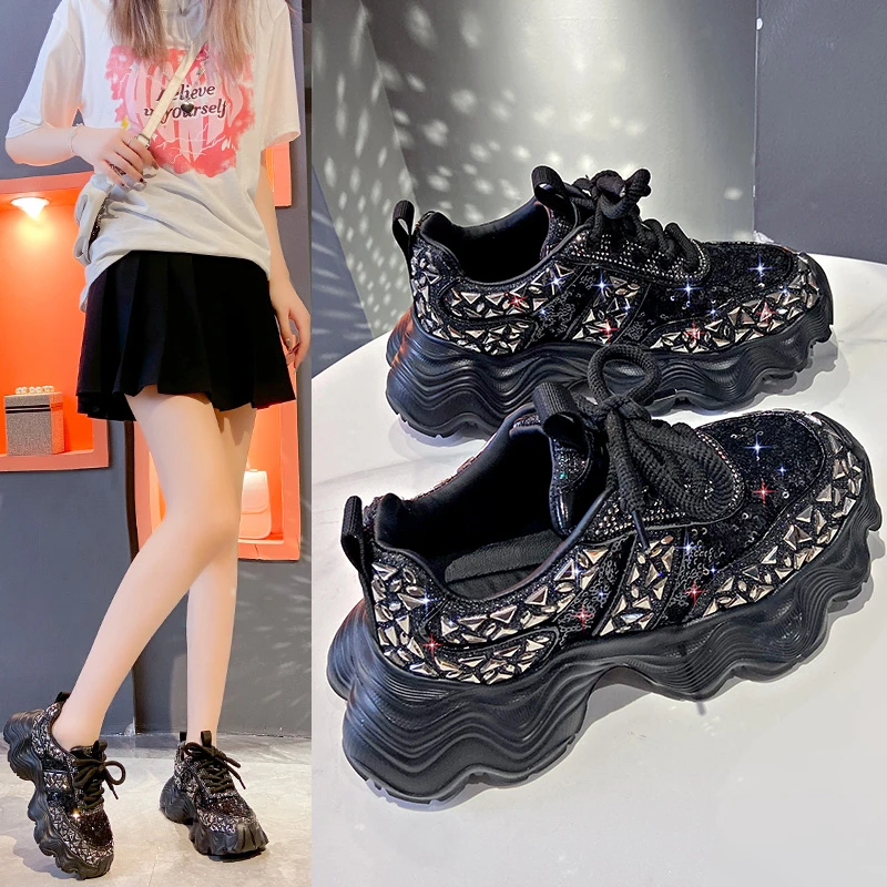 Women's Shiny Rhinestones Shoes Summer Breathable Mesh Casual Sneakers Women's Sport Shoes Platform Luxury Shoes Zapatos Mujer