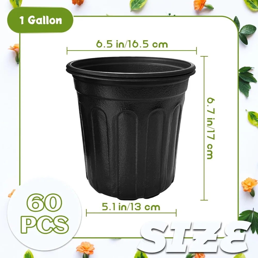 60 Pack 1 Gallon Flexible Plant Nursery Pots with Drainage Holes for Seedlings, Succulents, and Transplanting