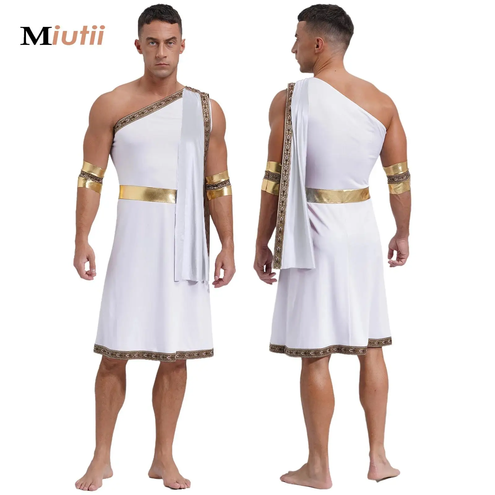

Mens Ancient Greek Toga Dress Roman King Prince Cosplay Costume Halloween One Shoulder Embroidered Robe Theme Party Outfits