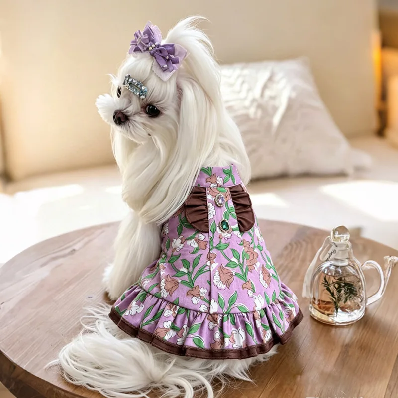 Vestido floral de princesa para perros pequeños, con lazo y volantes - imagen 3