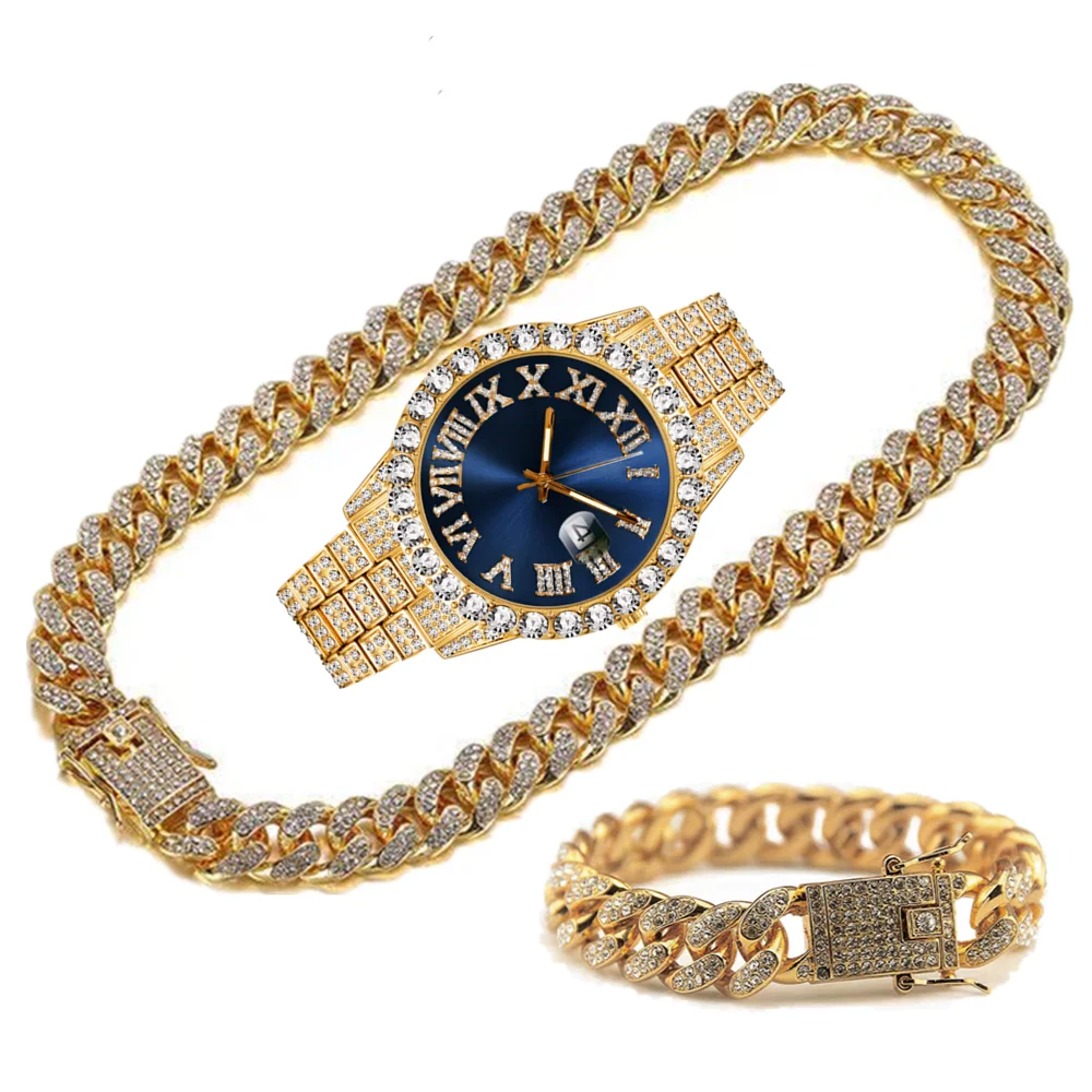 Blauw Rood Groen Wijzerplaat Volledige Iced Out Horloges Voor Mannen Mannelijke Gouden Cubaanse Ketting Armband Ketting Chokers Club Bling Sieraden set Geschenken