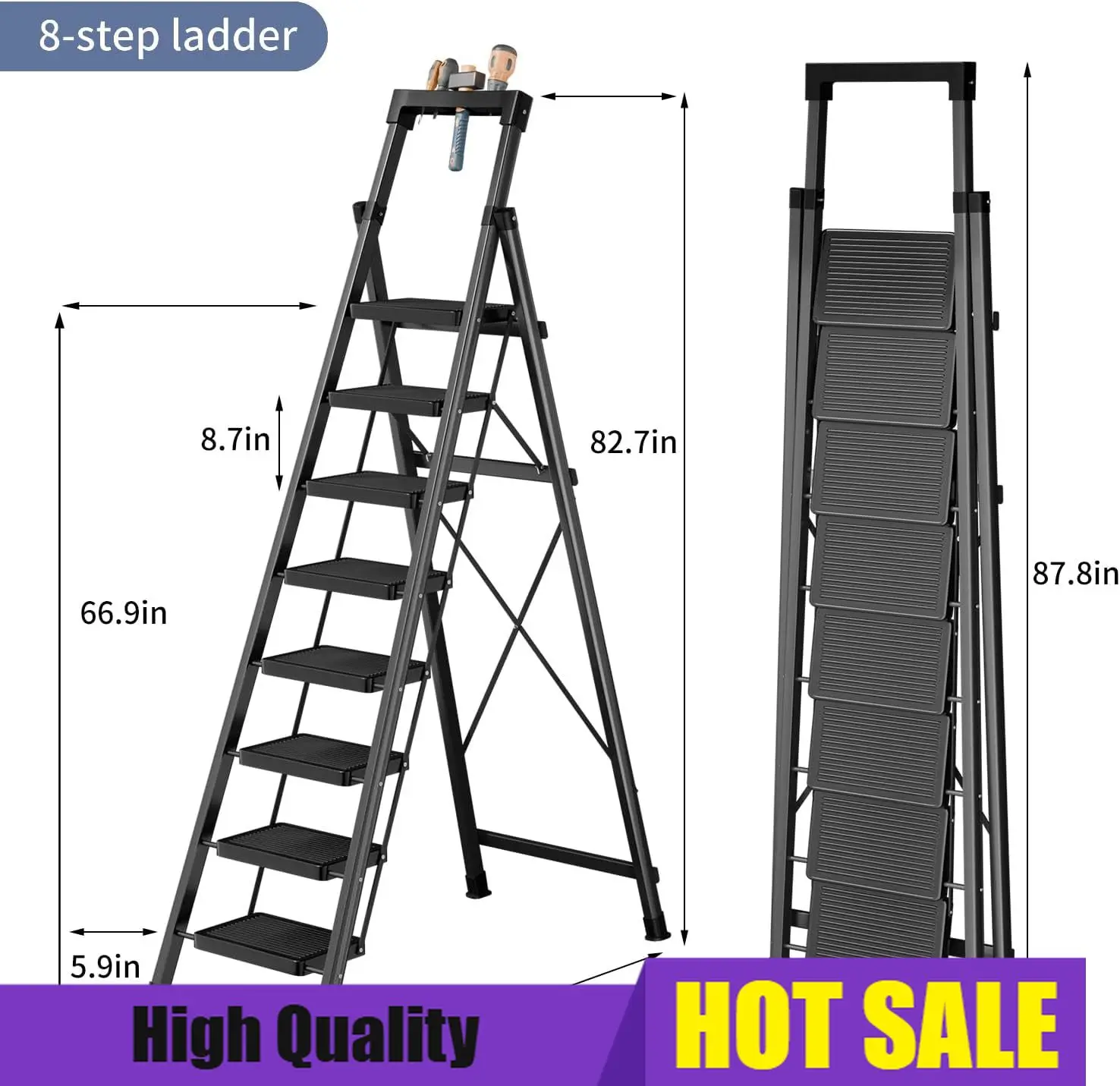 Escalera reforzada de 8 escalones con soporte de bandeja, taburete plegable de capacidad de 330 libras con pedal ancho antideslizante, pies antideslizantes, Ste resistente
