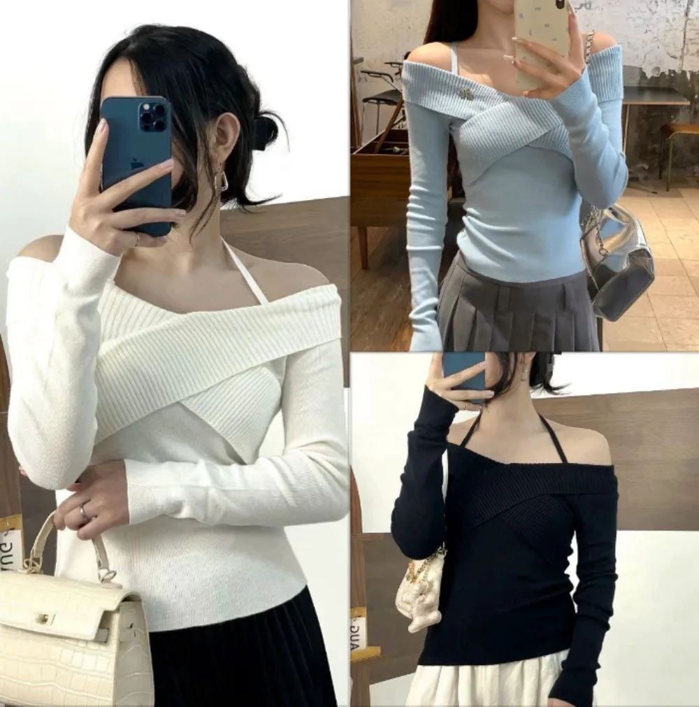 

Сексуальный топ с открытыми плечами, женская тонкая повседневная трикотажная рубашка с лямкой на шее, блузка