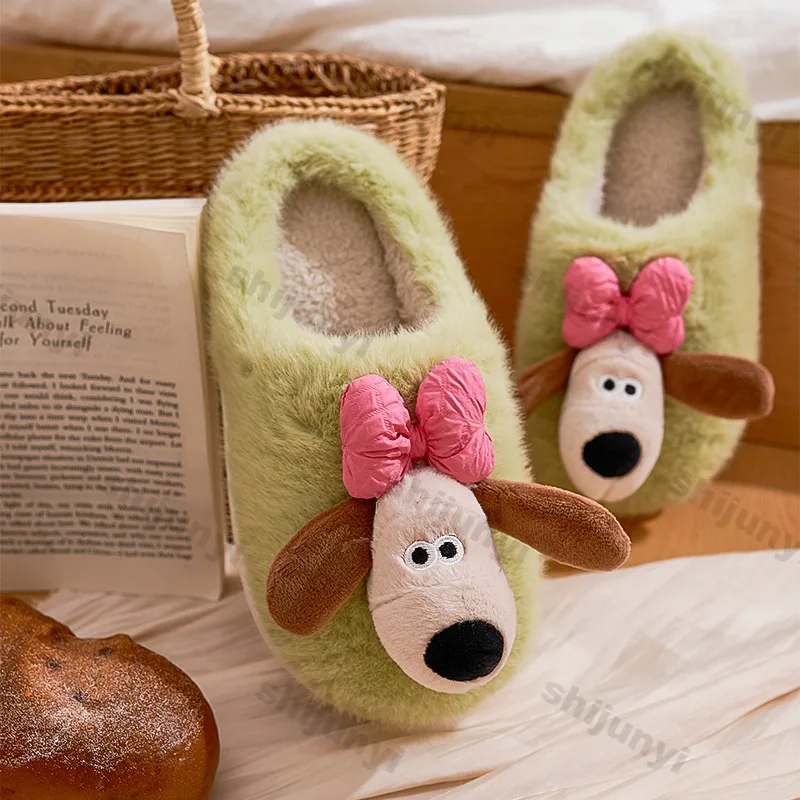 

Women Winter Cute Dog Fluffy Warm Slippers Female Soft Thick Bottom Plush Slippers Woman Non Slip Flat Heel Indoor Cotton Slides