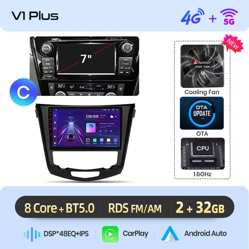 Junsun draadloze CarPlay Android Auto autoradio voor Nissan Qashqai (J11) / X-Trail (T32) 2013-2017 met ingebouwde koelventilator, Android GPS navigatie, multimediaspeler, WiFi, DSP, RDS, BT, SWC, IPS