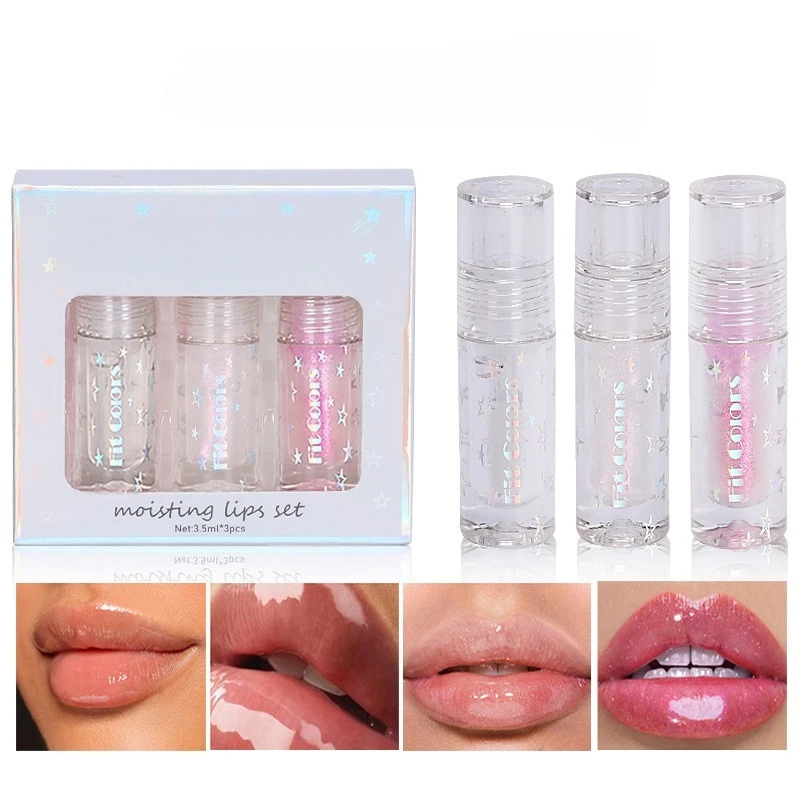 Set di lucidalabbra rimpolpanti da 3 pezzi Pennello perlato Finitura iridescente Olio per labbra idratante Confezione regalo per la cura idratante Base per lucidalabbra