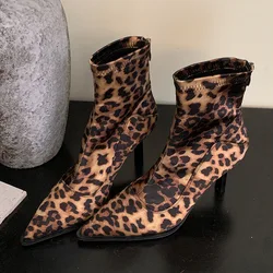 Female Leopard print Footwear Stretch Women Ankle Boots  Zippers Shoes Fashion Pointed Toe Ladies Short Boots With Heels Shoes