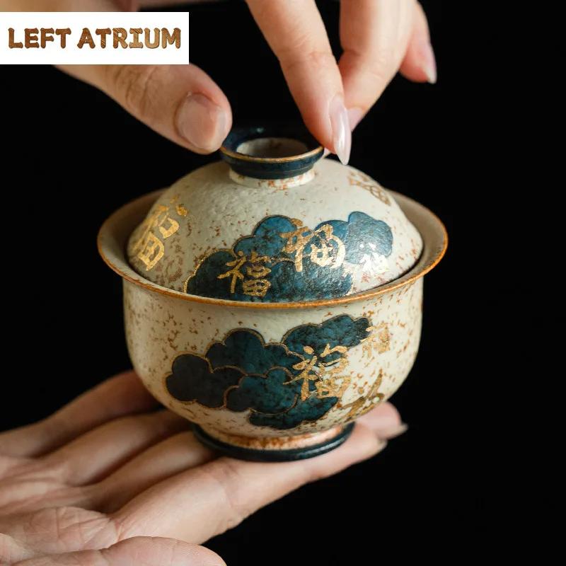 

100ml Blue And White Flint Red Gaiwan Handmade Gold Drawing Auspicious Clouds Tea Tureen Tea Making Cover Bowl Cafes Decoration