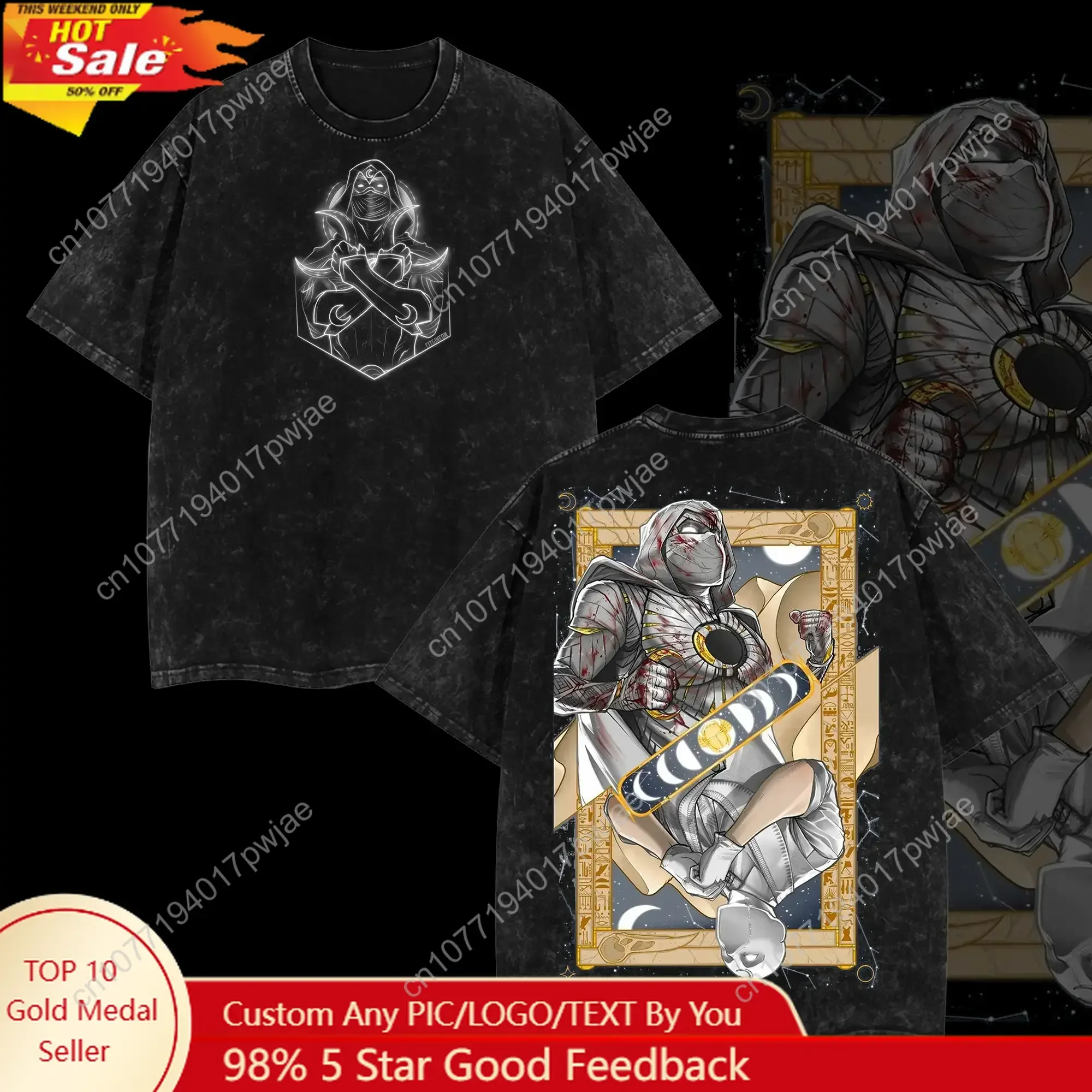 Marvel Moon Knight The White Knight - MCU Edition Double Printed Oversize Lightweight Acid Washed Tee Comic Vintage Graphic