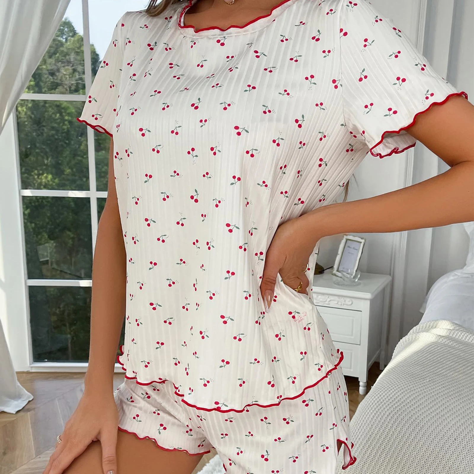 Women Pajamas Set Cherry Print Frill Short Sleeve Tops and Elastic Waist Shorts 2 Piece Outfits Loungewear