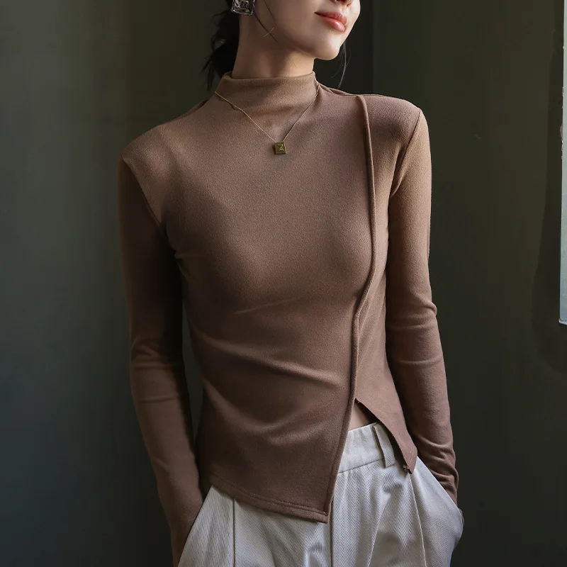 

Women's Chic Split Bottoming Sweaters Pullover Autumn Winter Design Sense Half-High Collar Jumper Korean Slimming Innerwear Tops