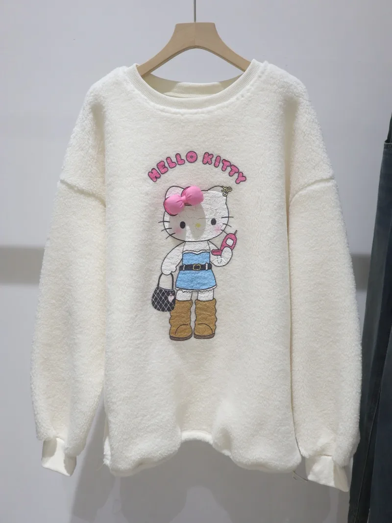 2025 الخريف الشتاء فضفاضة منتصف طول سميكة الدافئة لامب كنزة صوفية من الصوف البلوز مع Bowknot الكرتون تصميم هوديس للفتيات #4