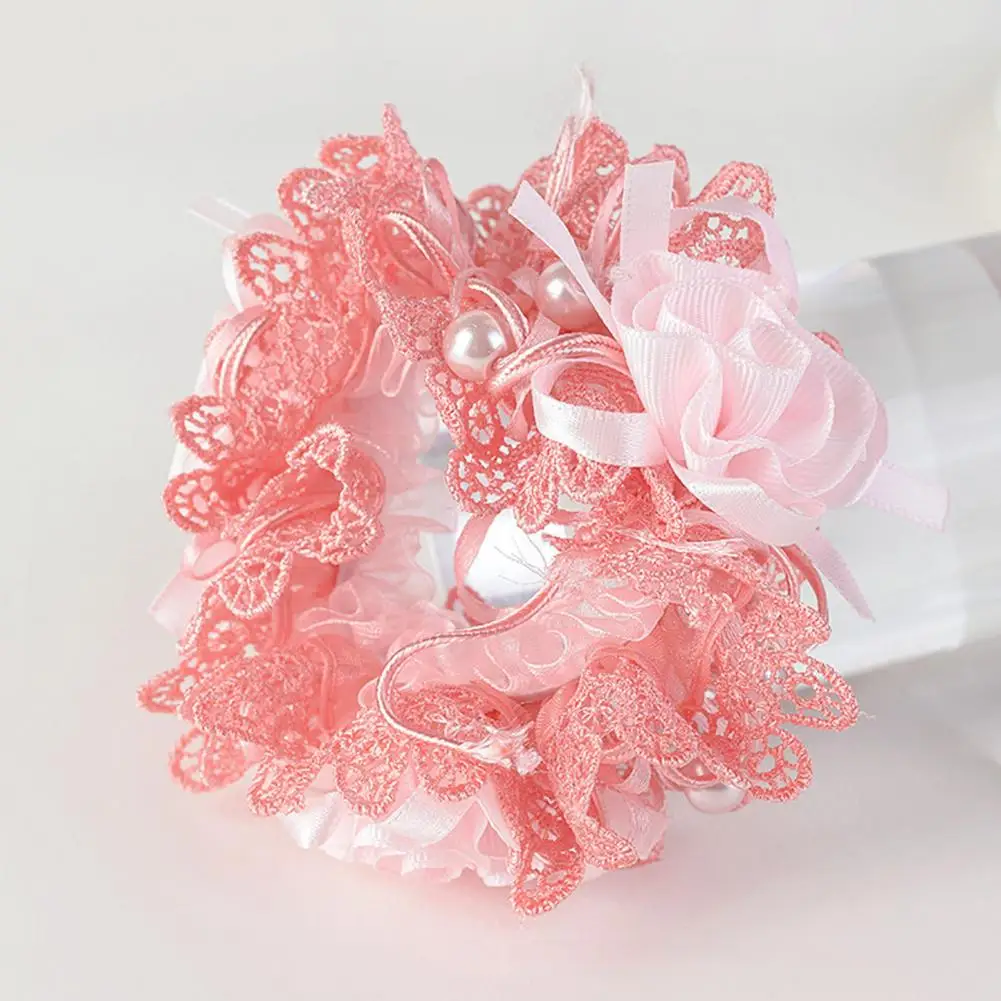 Attractive Bun Hair Ring Faux Pearls Stretchy Headwear Lace Flower Girls Hair Scrunchy