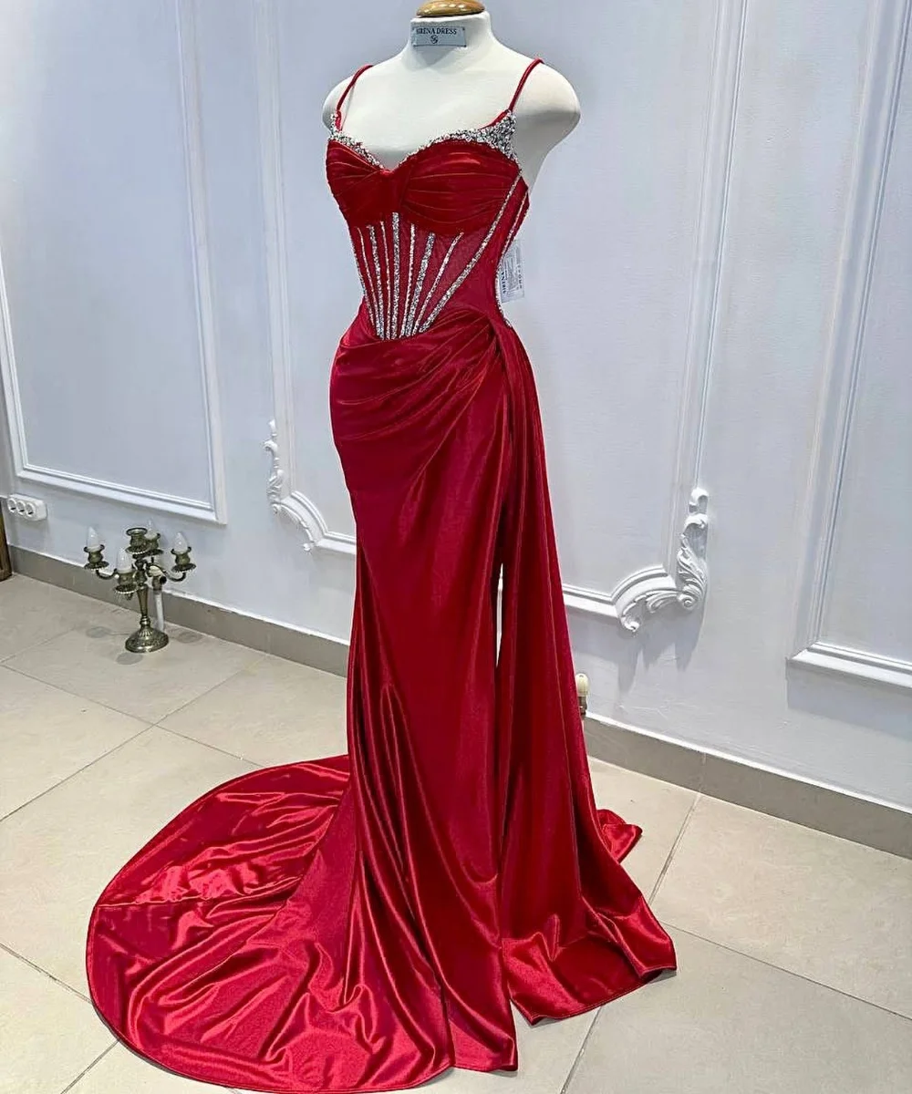 

Customized Formal Charmeuse Pleat Sequined Column Spaghetti Strap Long Bespoke Occasion Evening Dresses Exquisite