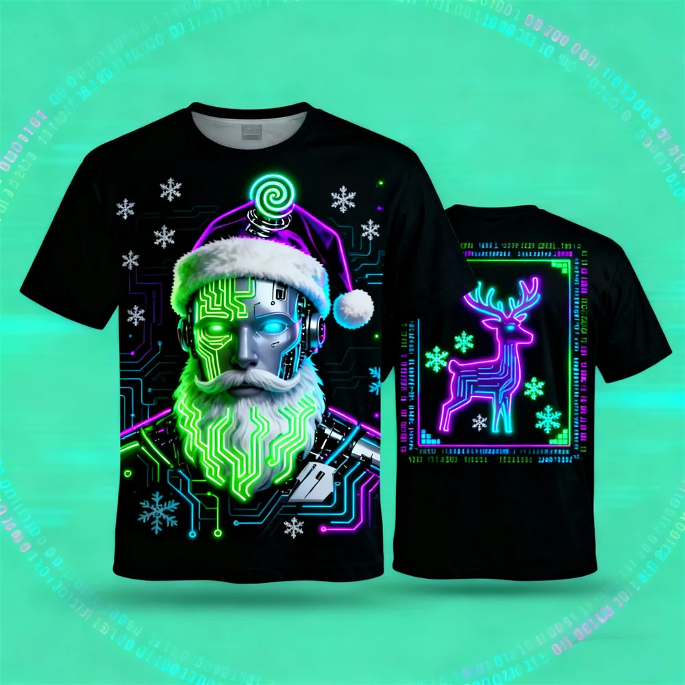Future Technology Style Christmas T-Shirt 3D Print Neon Santa Clause Graphic Short Sleeve Top Fashion Creative Cyberpunk Clothes