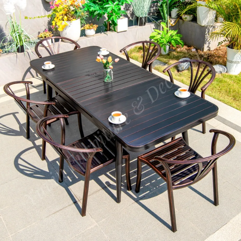 Contemporary Slats Design Outdoor Extendable Table Patio Dinning Garden Set Extension Aluminum Restaurant Tables