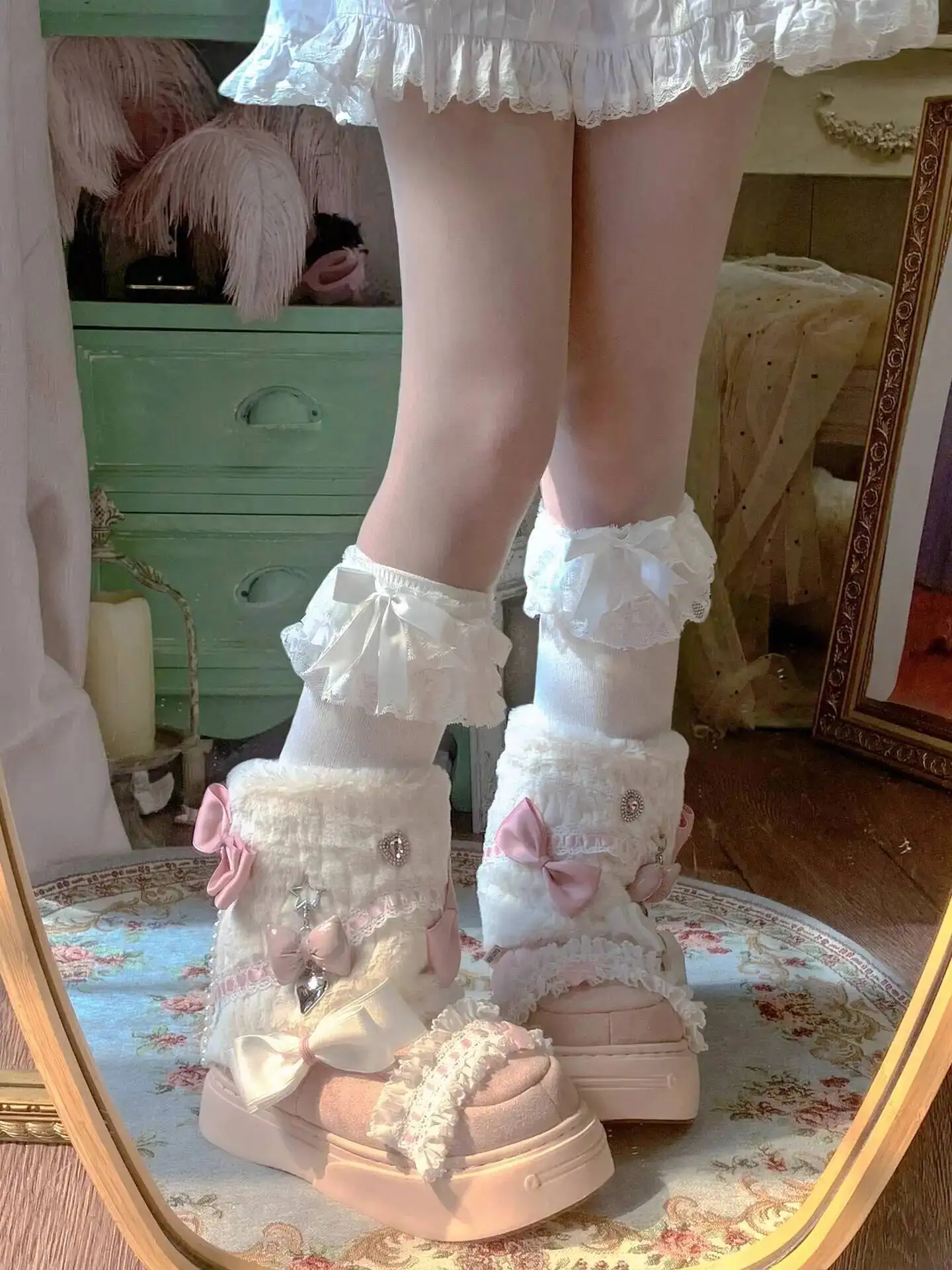 

Women's Japanese Lolita Snwo Boots Cosplay Costumes Shoes Cute Bowknot Snow Boots Faux Rabbit Fur Thick Soled Winter Ankle Boot