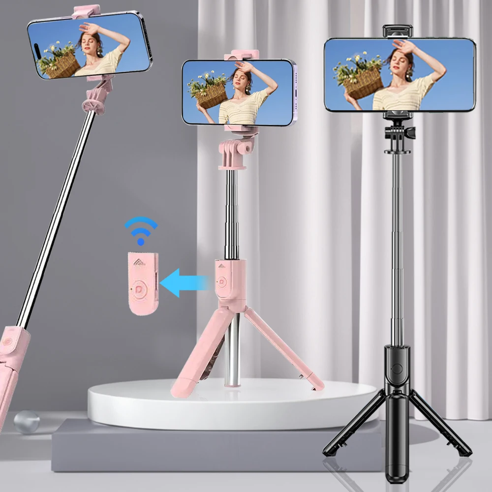 Multi functional selfie stick, portable retractable three in one with remote control, floor standing mobile phone tripod