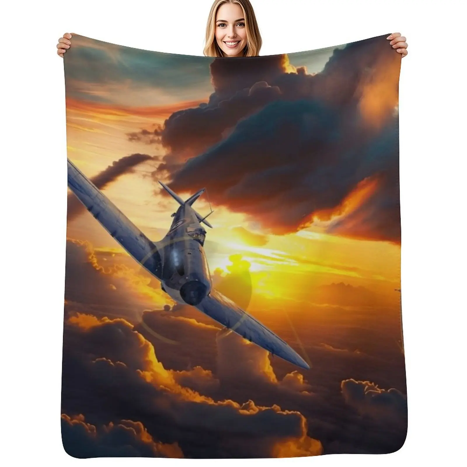 Spitfire Aircraft in the Sunset Aircraft art Throw Blanket wednesday Quilt Single Heavy christmas gifts Blankets
