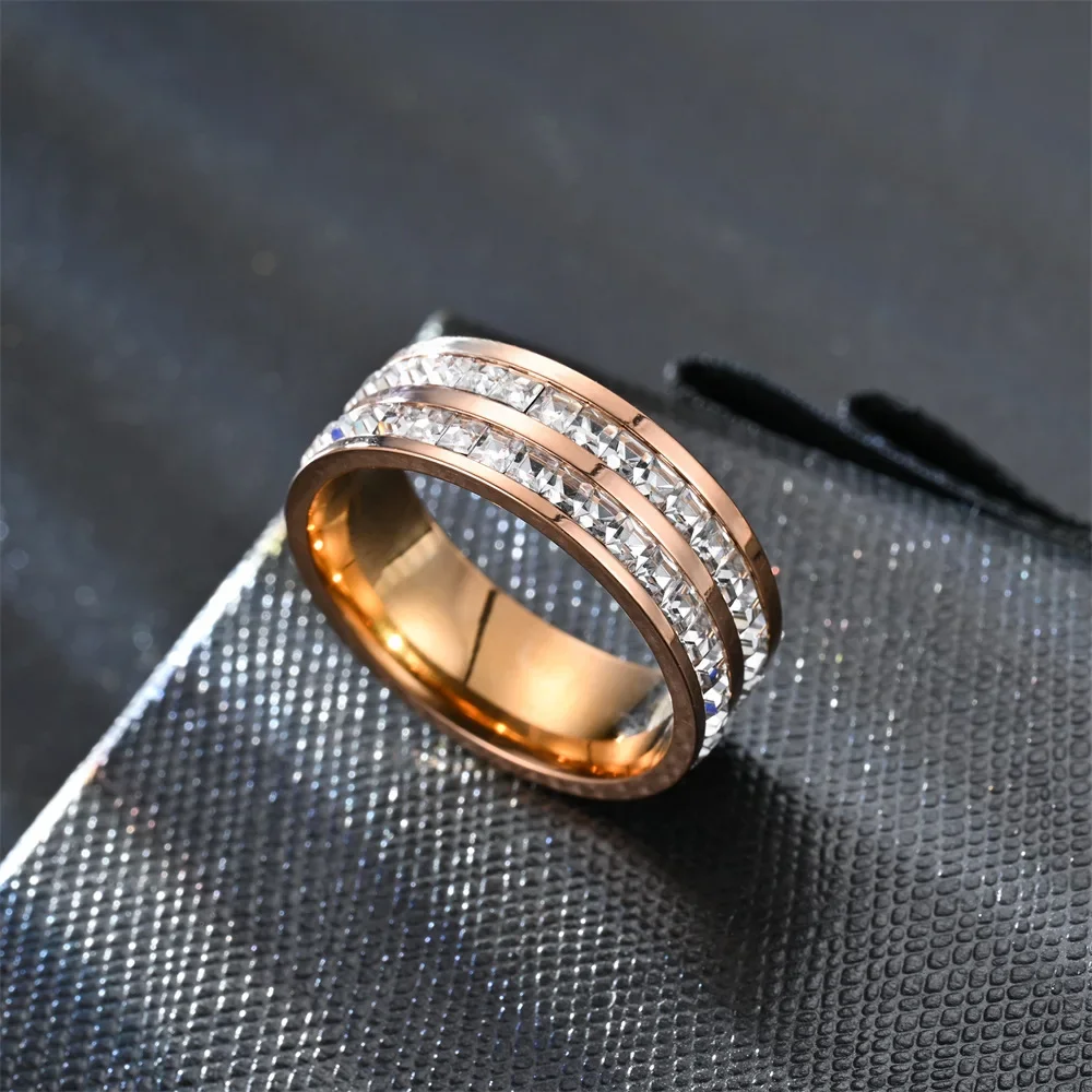 4mm/8mm Stainless Steel Lover Couples\'s Men Women CZ Cubic Zircon Rings Rose Gold Color Fashion Jewelry Size 4 5 6 7 8 9 10 11