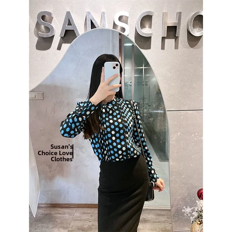 

Ele Blue Gem Polka Dot Long Sve Women's irt Spring Autumn round Ne Accordion Pleat Faionable Lady's Top