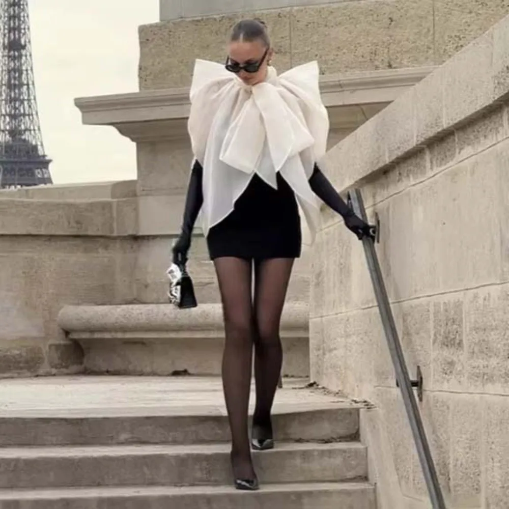 

Stand Collar White Shawl Bow Tops High-density Yarn Streetwear Solid Shawl Style Shirt Temperament Chiffon Women's Bowknot Shirt