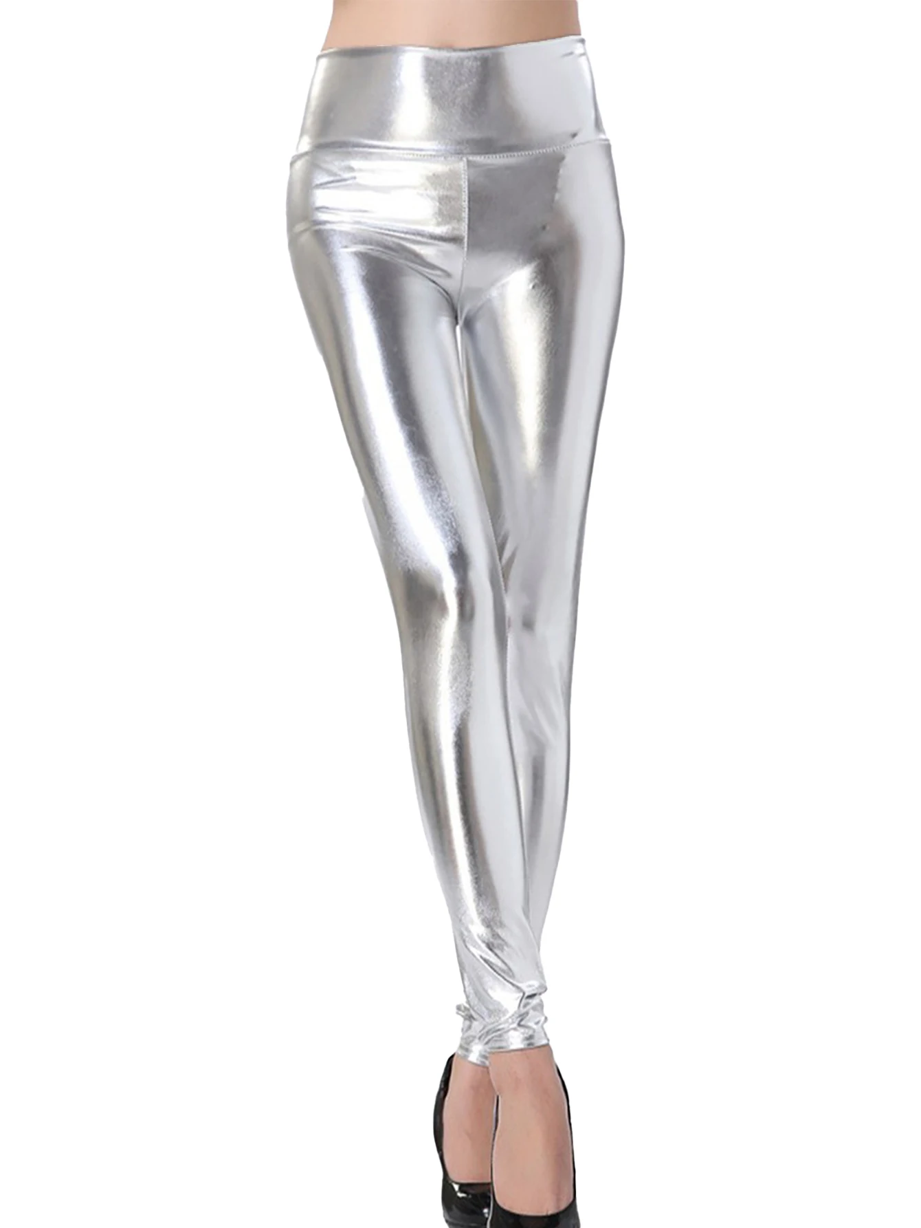 European And American Fashion PU Silver Bright Leather Nine-point Pants High Waist Tight Imitation Leather Night Club Leggings