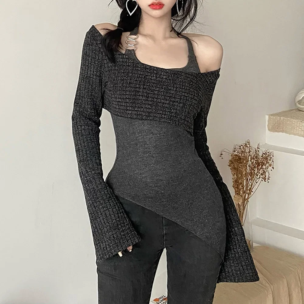 

New Acubi Style Ribbed Off Shoulder Covers and Bandage Long Halter Tops Korean Fashion Basic 2 Piece T-shirts Slim Y2k Cloth