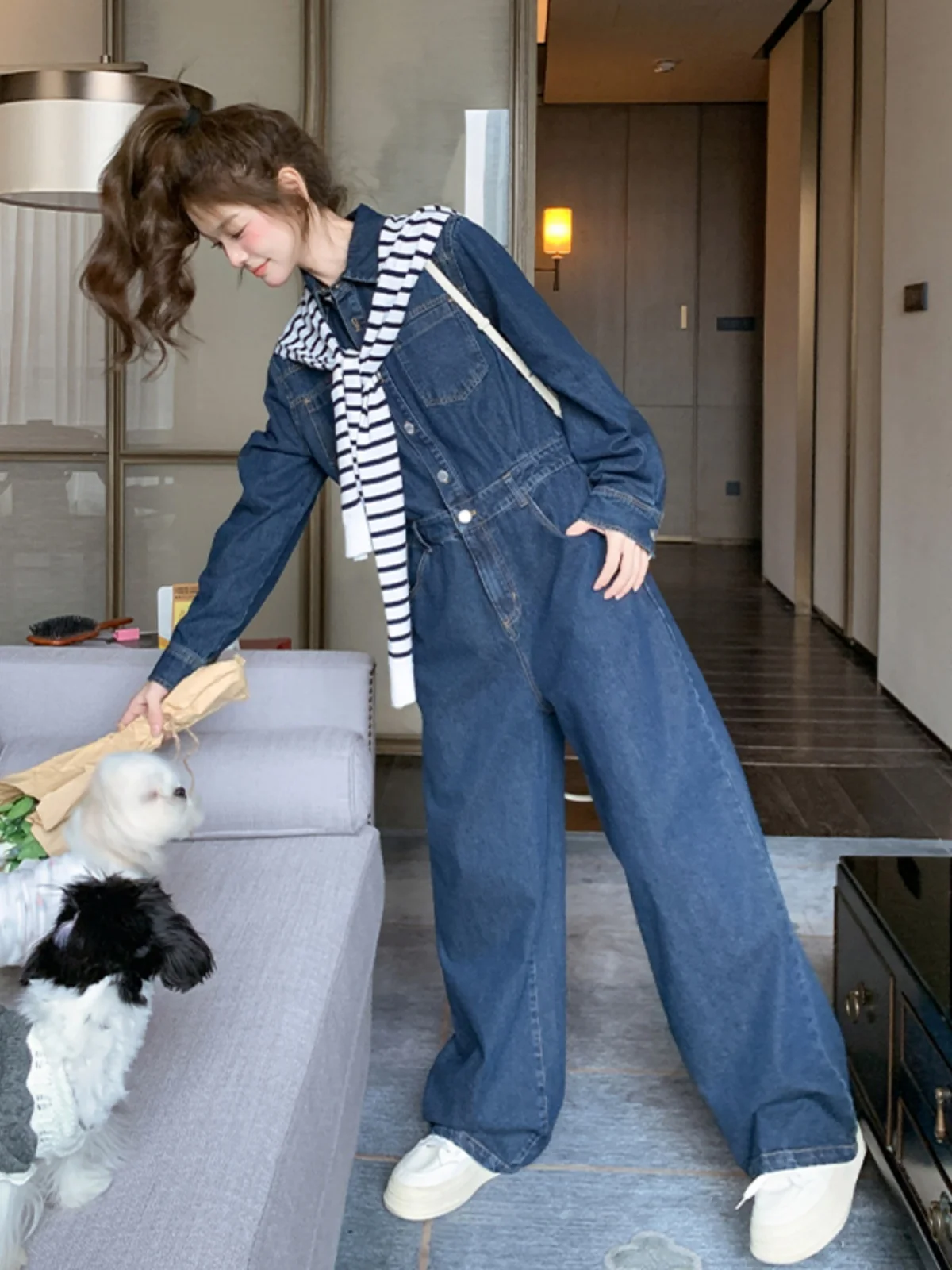 

Джинсовый комбинезон с высокой талией для женщин, модный ретро-стиль, весенний новый дизайн, облегающие широкие брюки