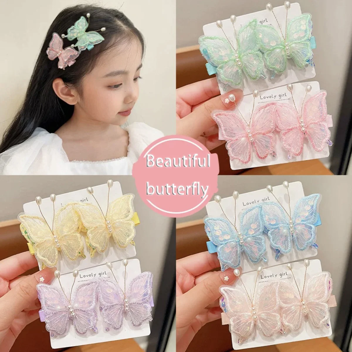 2pcs Embroidery Butterfly Hairpin Fairy Hair Clip Gauze Headdress Sweet Cute Princess Bangs Clip Hair Accessories for Children