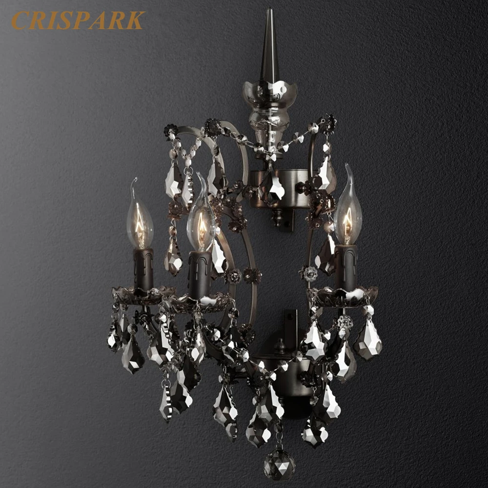 19th C. Rococo Iron & Crystal Sconce Classic Three Arms Clear Crystal Wall Light LED Home Decor Rustic Sconce Lamp for Corridor