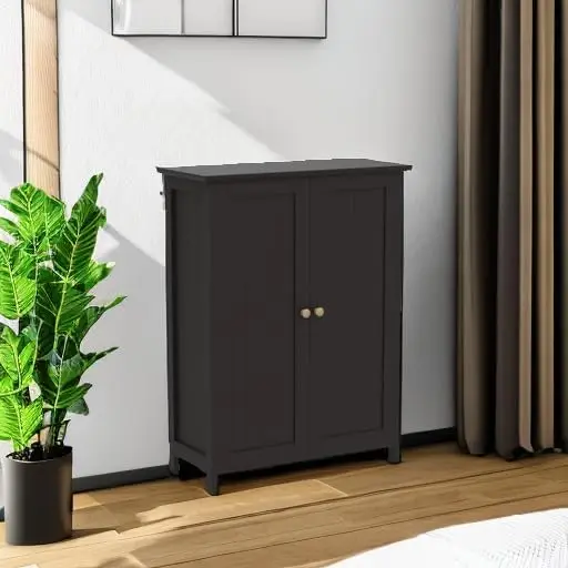 Bathroom Floor Cabinet Double Doors Free-Standing Storage Cabinet with Adjustable Shelves, Anti-toppling Design