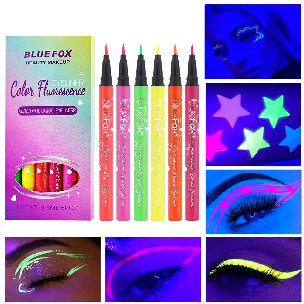 6 piezas de delineador de ojos fluorescente de neón que brilla con luz UV, delineador de ojos líquido colorido de larga duración a prueba de agua, herramientas de maquillaje para fiestas rave y Halloween