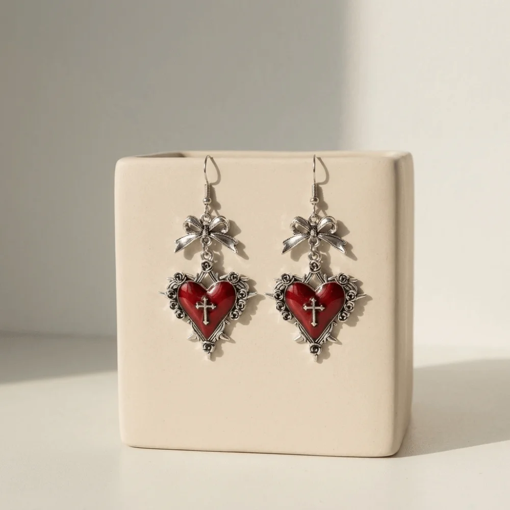 Red Enamel Thorn Rose Drop Earrings Silver Bow Heart Cross Earrings Multi Color Exquisite Halloween Dangle Earrings