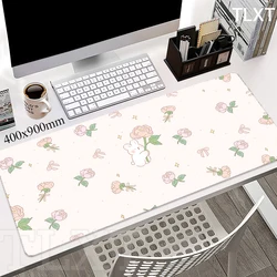 Cute Bunny Mouse Pad Company Mousepad Pink Flower Large Desk Mats Stitches Edge Deskpads Kawaii Mausepad Mouse Mat 80x30 90x40