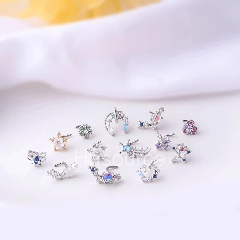 1PC L Geformt 316L Chirurgische Edelstahl Nase Studs Nasenringe Mode Multicolor Zirkon Nase Stud Schraube Nase Piercing schmuck