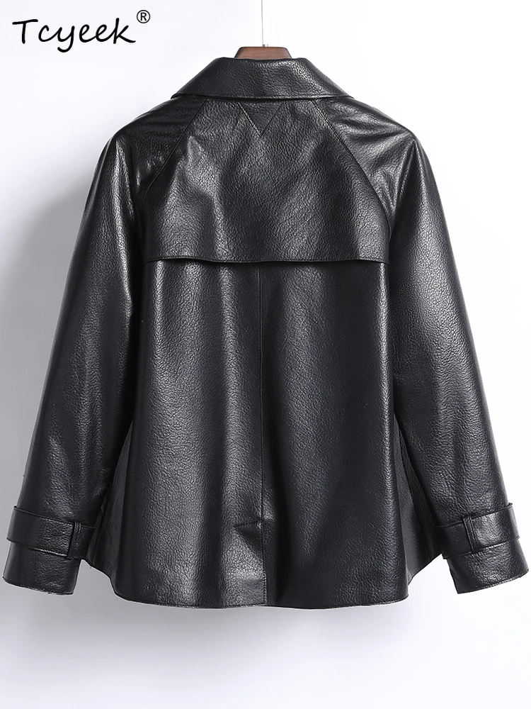 Tcyeek Sheepskin Genuine Leather Jacket Plus Size Spring Autumn Lapel Shoulder Length Long Sleeved Leather Jacket Chaqueta Cuero