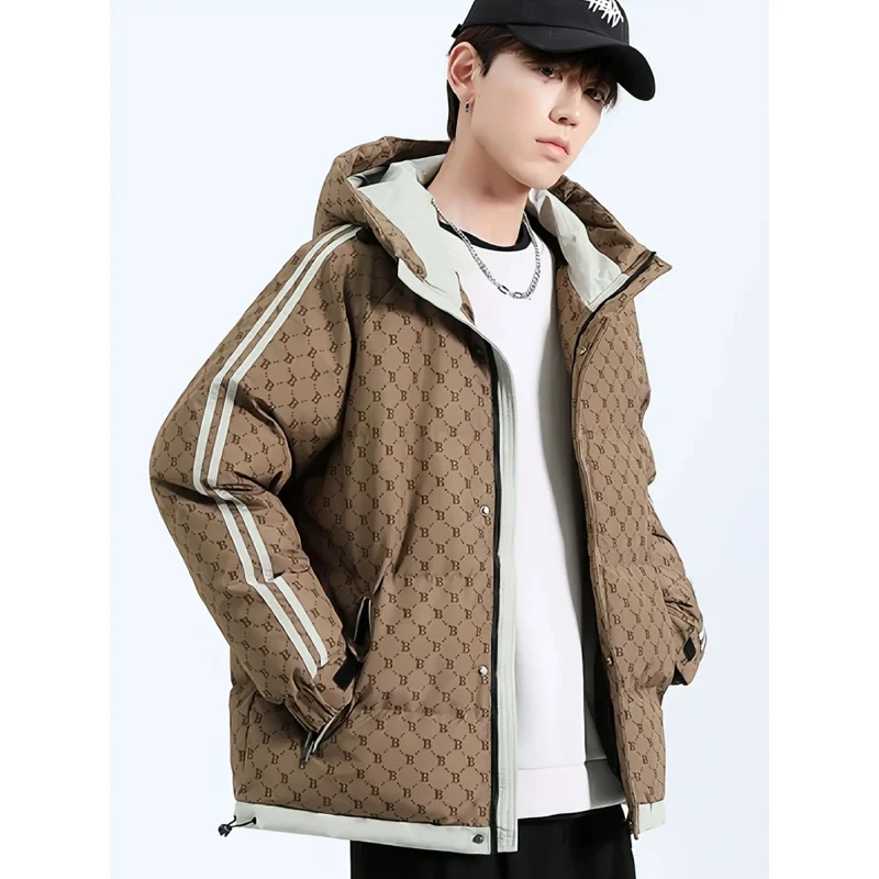 

New Men's Loose Cotton Jacket with Fleece Lining and Thickened，Men's Cotton Jacket with Two Stripes，Men's Hooded Jacket