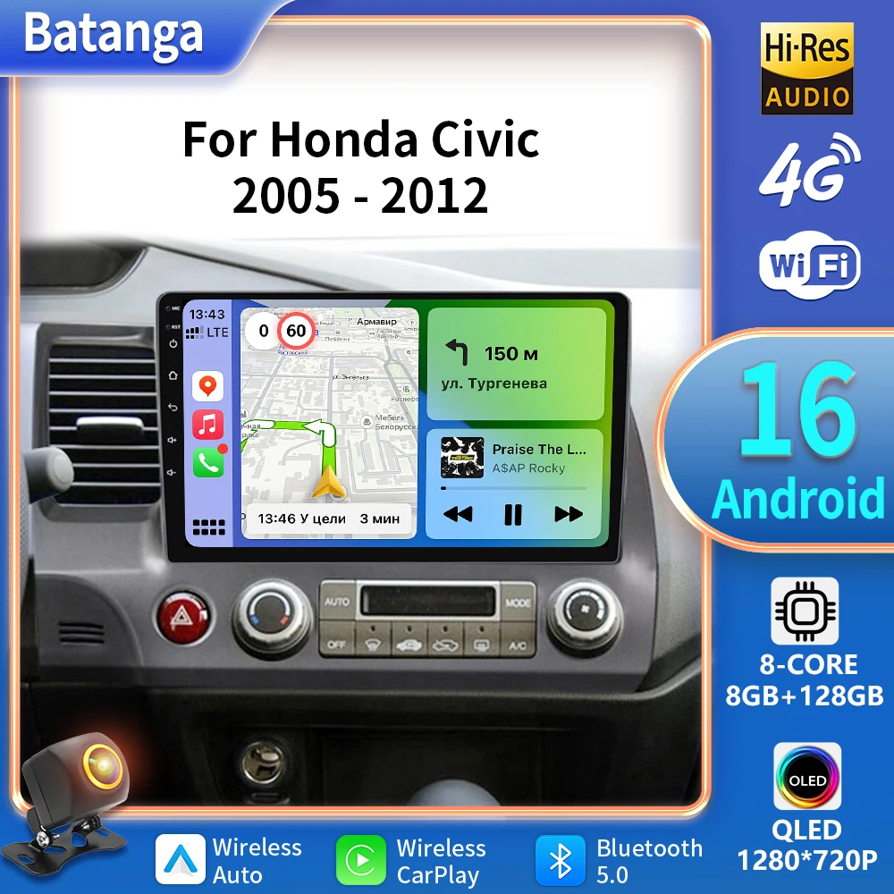 Android 16 radio estéreo de coche para Honda Civic 8th 8gen 2005 2006 2007 2008 2009 2010 20112012 multimedia carplay inalámbrico
