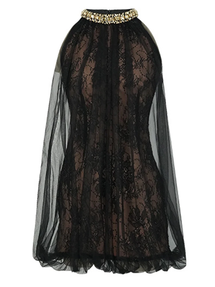 Women's Hotsweet Sweet Prom Dress for Woman Elegant Black Sheer Mesh Lace Halter Diamonds Loose Short Gown Female Party Vestidos