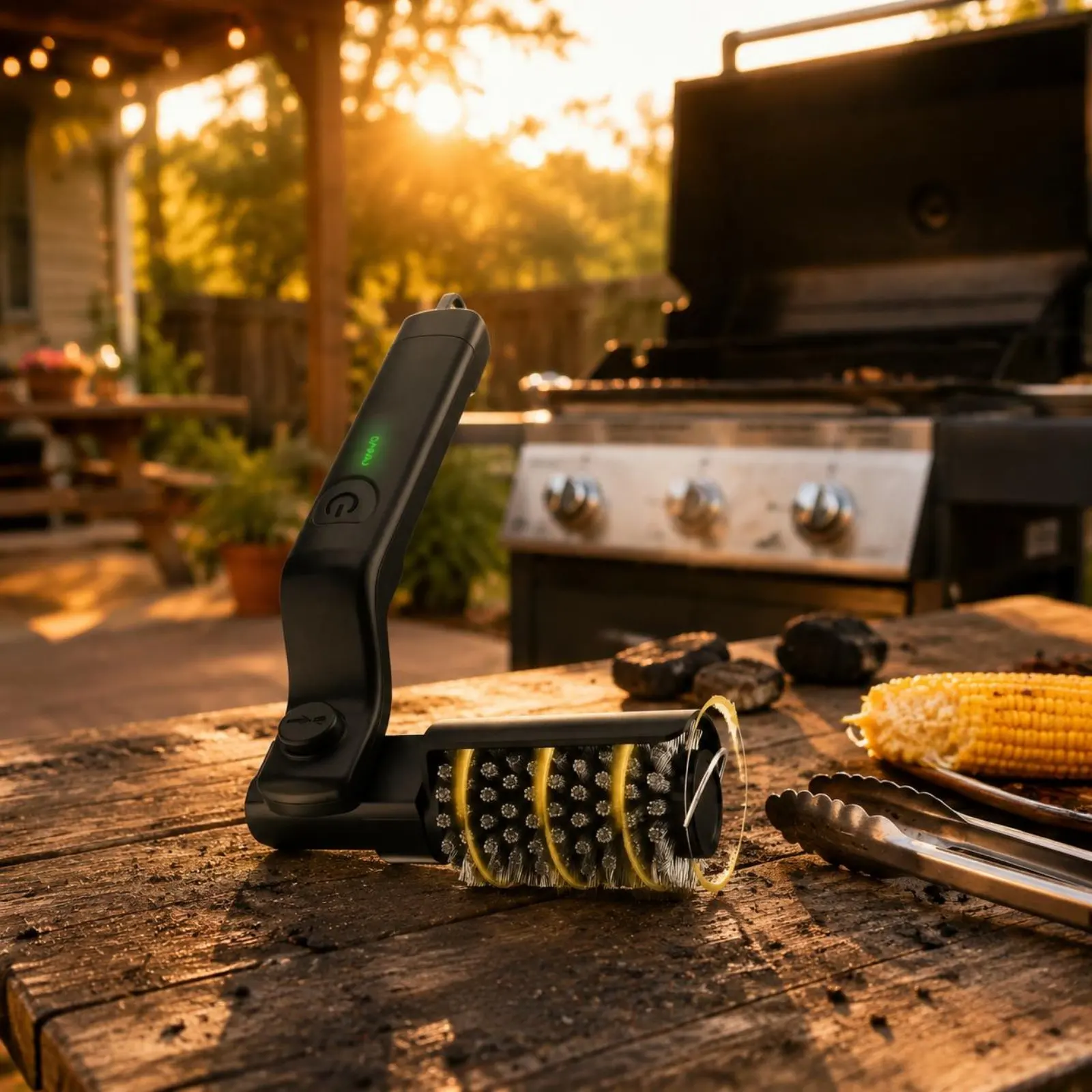 回転式グリルクリーナー-角度付きハンドル-充電式bbqブラシ-クリーニングツール-吊り下げループ付き