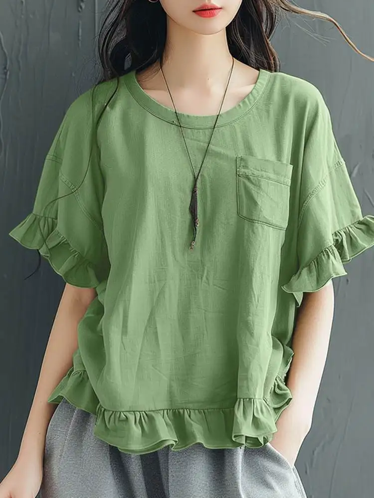 ZANZEA Women Summer Blouse Fashion Chic Ruffle Blusas Korean O-Neck Short Sleeve Tops Shirt 2024 Casual Loose Tunics Oversized